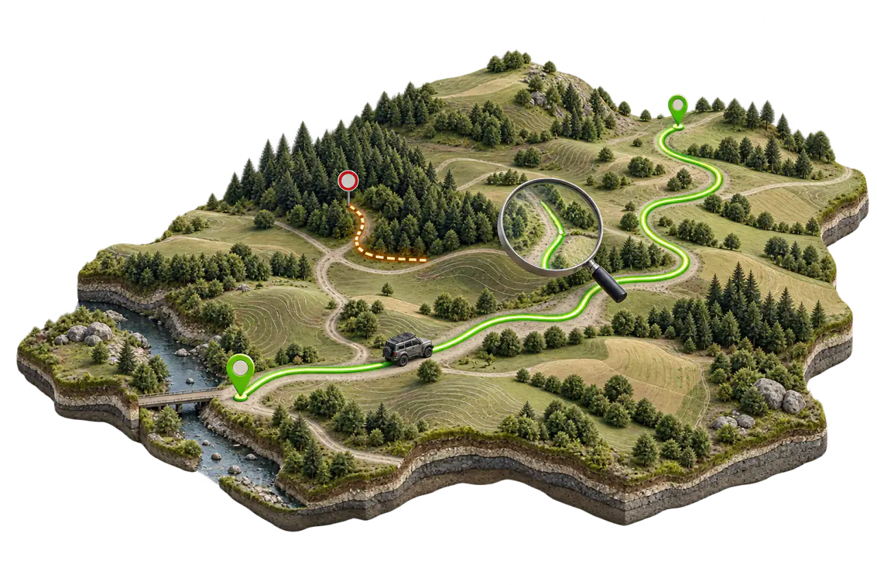 An offroad route on a terrain model: stretches with no known restrictions in green, a no-entry stretch in orange, a magnifying glass over the route
