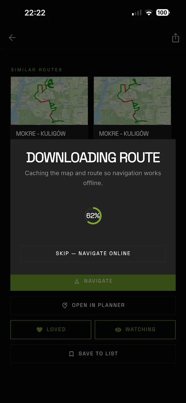 A route being cached for offline use so navigation works without signal