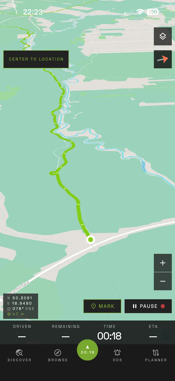 A drive being recorded, showing the live track, elapsed time and trip stats